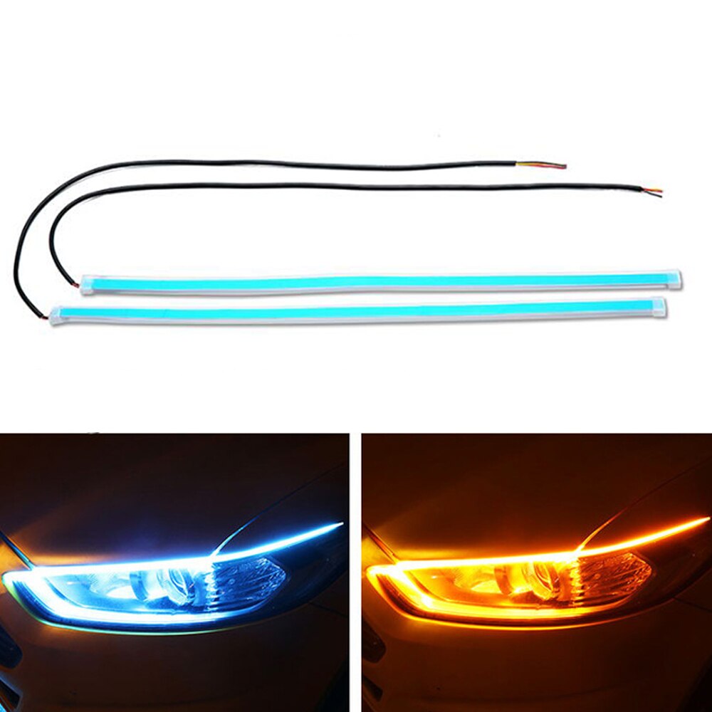 2 pièces LED DRL voiture feux diurnes Flexible bande étanche Auto phares blanc clignotant jaune feux de circulation de frein 12V: Ice blue to Yellow / 45cm ( 17.72inch )