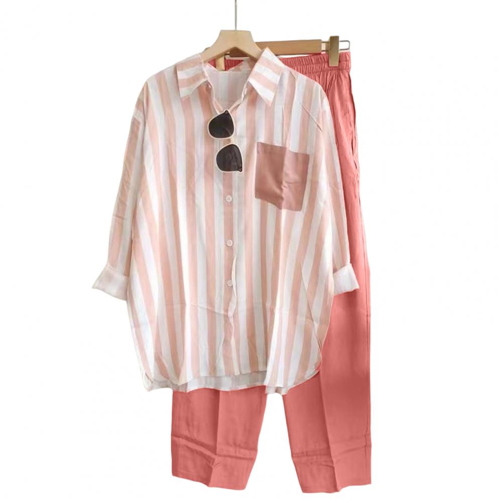 2Pcs/Set Women Outfit Shirt Pants Set Casual Elastic Waist Breathable Stripes Blouse Pants Suits Spring Summer Women Set