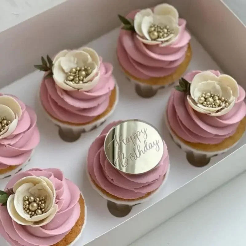 10 stück kuchenaufsätze „glücklich birthday“, goldfarbene, runde acryl-cupcake-aufsätze für kindergeburtstage, babypartys, tortendekorationszubehör: Dunkelgrau