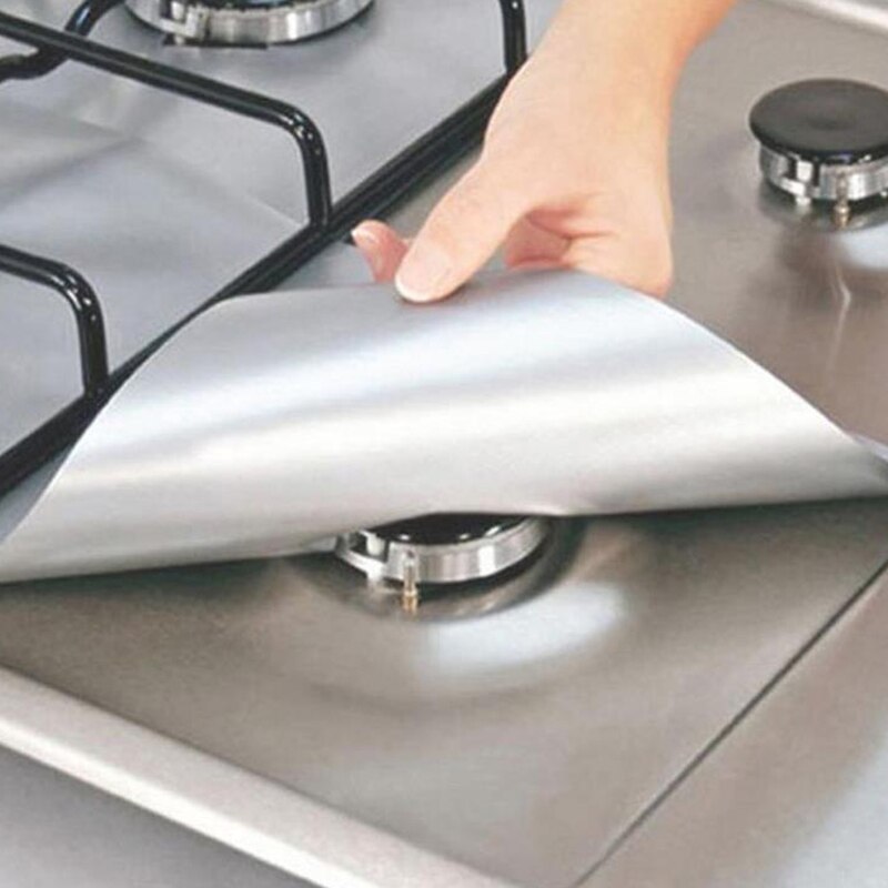 Protectores para cocina de gas, forro de revestimiento para encimera, ideal para la protección y limpieza del fogón, 4 unidades por juego: silver