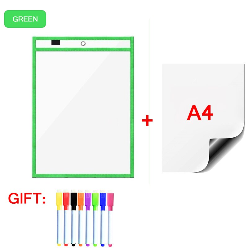 Magnetic Whiteboard Soft Dry Erase Pockets Bags Write Wipe Drawing Writing Classroom Teaching Supplies Reusable Magnet Markers: GreenA48P
