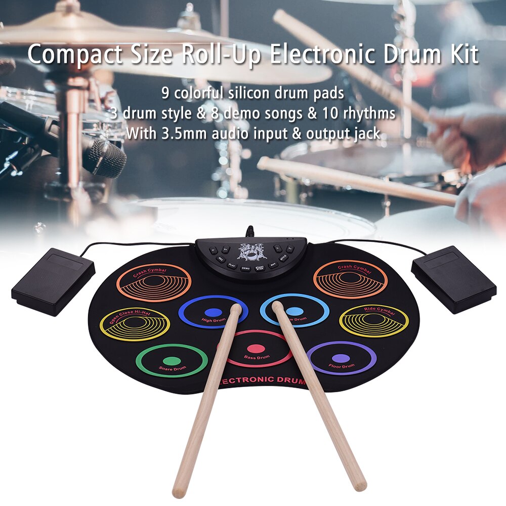 A Series of USB Roll-Up Silicon Drum Set Digital Electronic Drum Kit 7 Drum Pads with Drumsticks Foot Pedals for Beginners