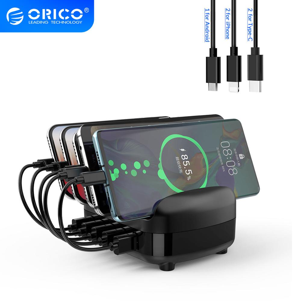 ORICO 5 Ports USB Charging Station Dock with Holder 40W 5V2.4A USB Charging Free USB Cable for iPhone PC Tablet