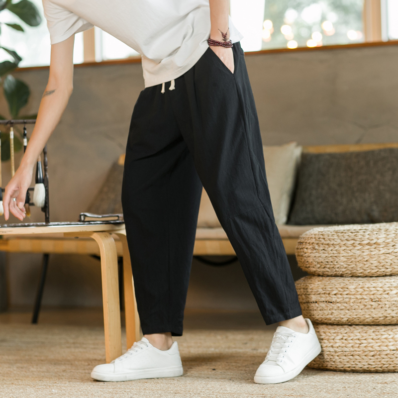 2023 letnie męskie spodnie bawełniane lniane modne spodnie na co dzień jednokolorowe oddychające luźne spodenki proste spodnie Streetwear M-5XL: XL / Black
