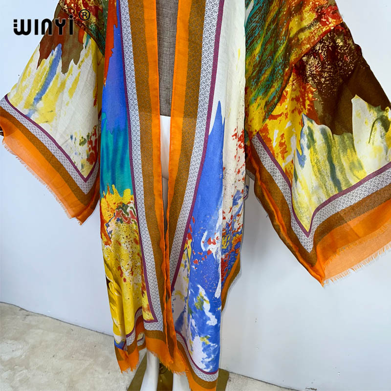 Winyi 2023 sommer-cardigan mit goldenem print aus baumwolle, locker geschnitten, langes kleid, boho-maxikleid, strandkleid, überwurf für badebekleidung