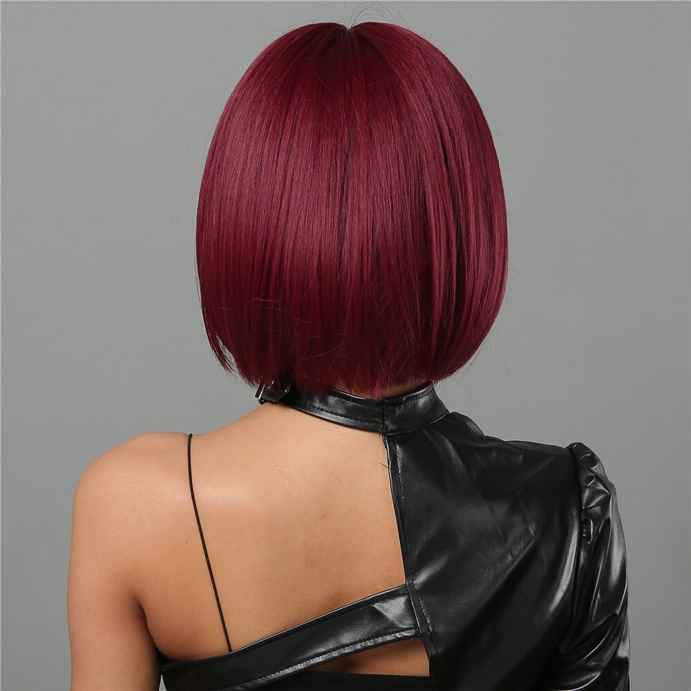 Vinho curto vermelho Bob perucas para mulheres Borgonha Bob perucas com Franja grossa peruca sintética resistente ao calor