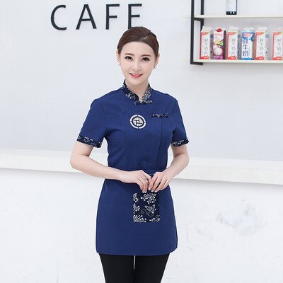 summer uniforms Western Restaurant Waiter Work Wear Short Sleeved Overalls Female Hotel Restaurant Work Clothes: Women blue / XL