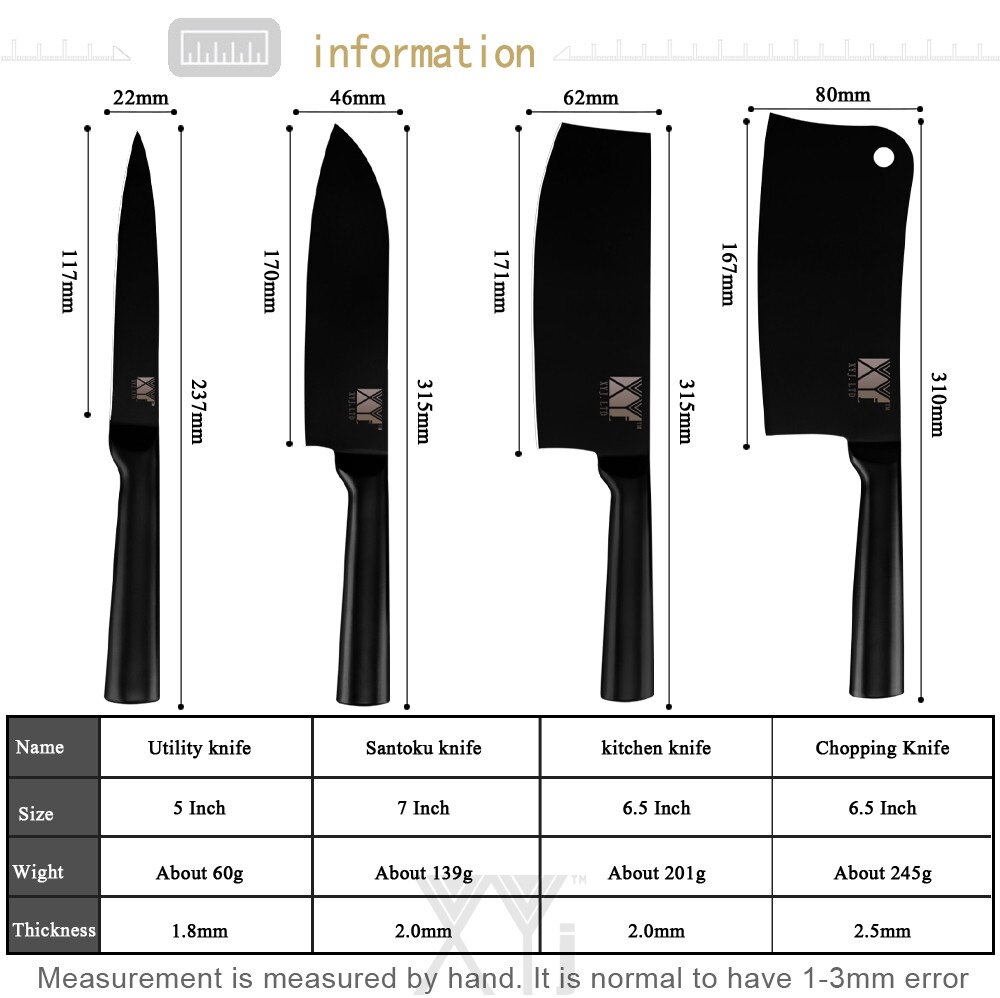 XYj 4pcs Kitchen Chopping Knife Set High Carbon Stainless Steel Santoku Utility Knife All Black Kitchen Tool Cooking Gadgets