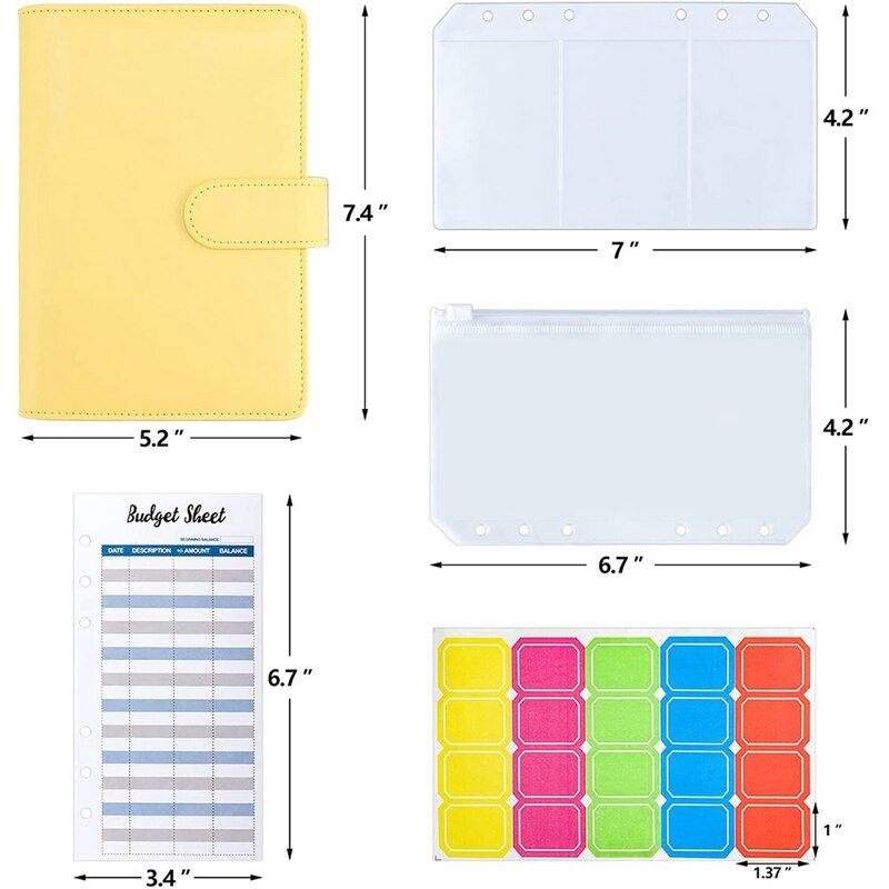 A6 PU Leather Binder Cover with Binder Pockets, Expense Budget Sheets and Labels for Budget Organizer Envelopes (Yellow)