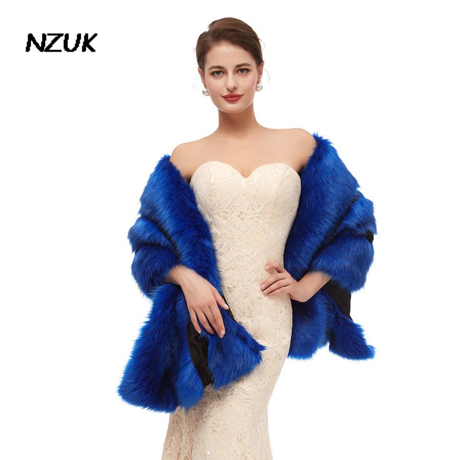 NZUK eleganckie królewskie niebieskie kobiety Capelet Faux futro szal robić opatulania się zimowe płaszcze ślubne odzież wierzchnia ślubny płaszcz bolero меховые накидки