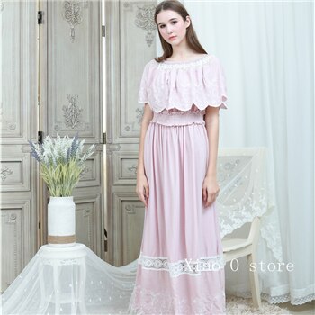 Homewear Nightgowns Feminino Sólida Vestido Sono Vestido Camisola Mulheres 2019 Vestidos de folha de Lótus colarinho Sleepwear Tornozelo-comprimento: pink
