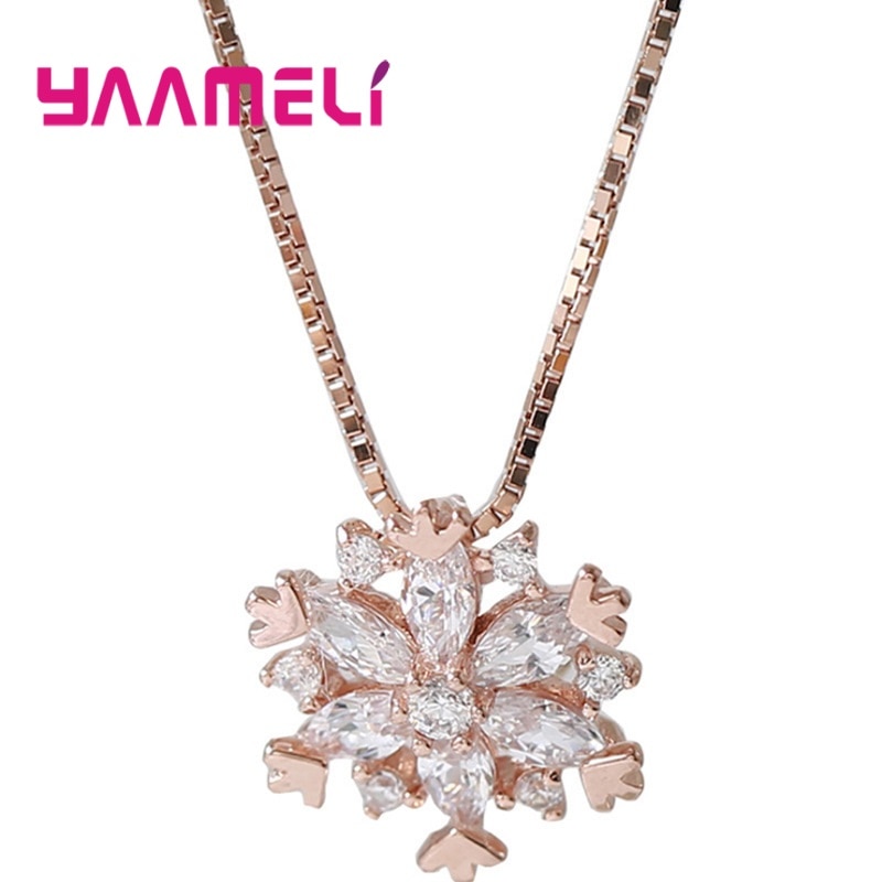 Winner Christmas Luxury 925 Sterling Silver CZ Diamond Rhinestone Snowflake Pendant Necklace Short Collar Chokers