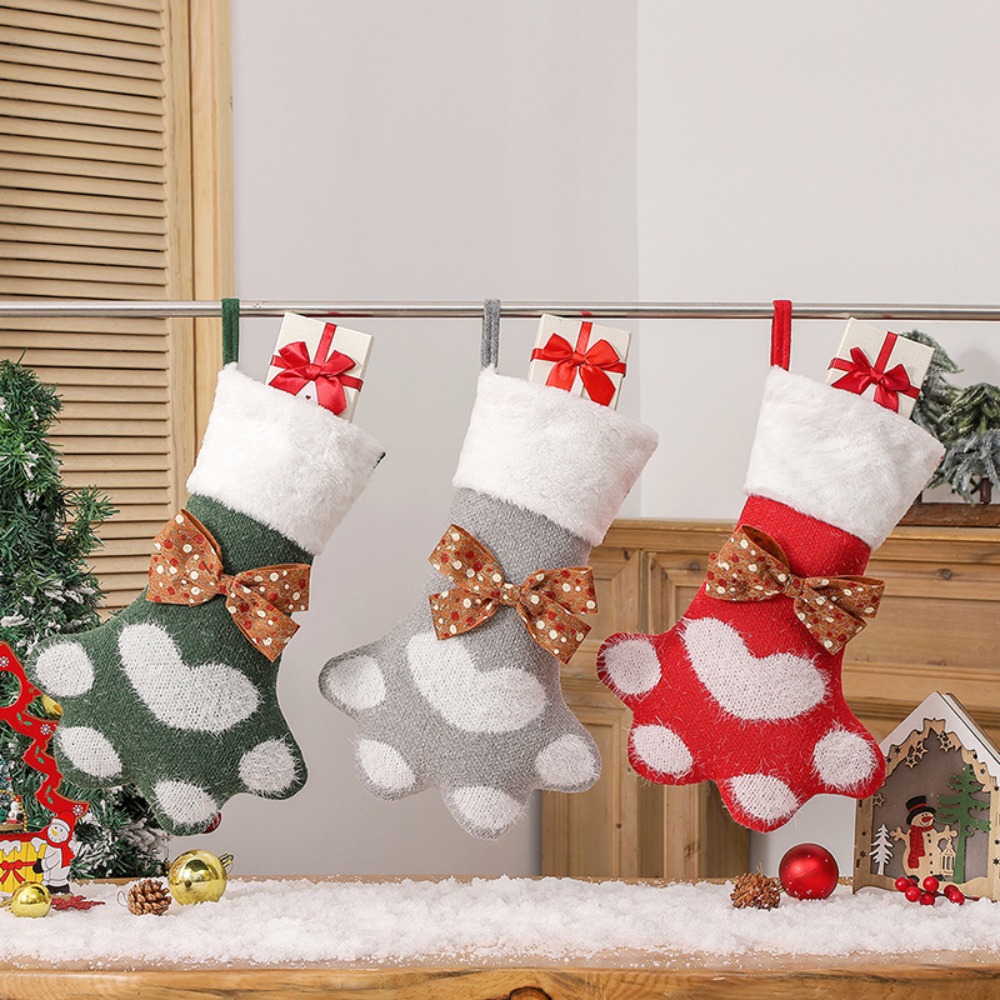 Paw Shaped Christmas Decorations For Home Stockings Cute Xmas Tree Ornament Decor with Bow Tie Year Sock Year 2024