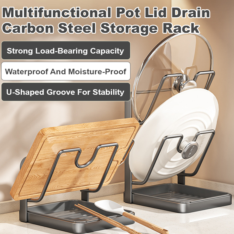 Kitchen Pot Lid Rack with Drainage Tray, Multi-functional Countertop Cutting Board Storage Rack, Space-Saving Easy to Clean