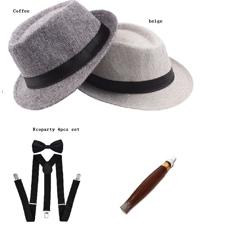 Adult Men's 20's 1920s Gatsby Gangster Costume Accessories Set Halloween Cosplay Party Cap Panama Hat Suspenders: champagne