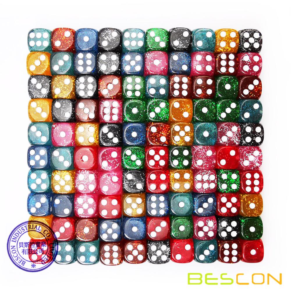 Bescon "Veel Glitter" 16MM D6 Set 100 pcs, diverse Gekleurde Glitter Dobbelstenen Set 100pcs