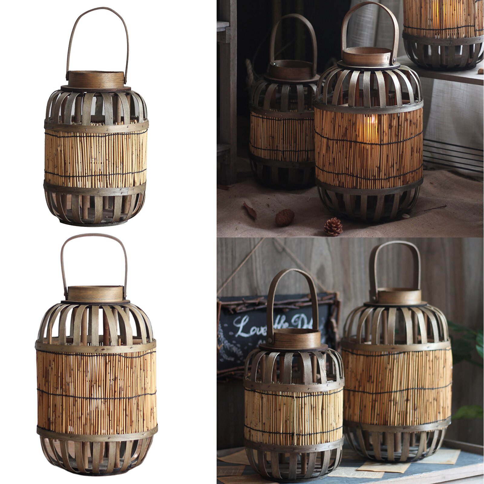 Handgemaakte Rieten Kaars Lantaarn Outdoor Vintage Hout Thee Licht Kaars Houder Voor Bruiloft Partijen