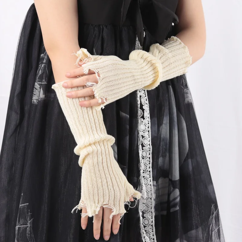 1 par de guantes Punk rotos Unisex, mangas rasgadas tejidas, manga cálida para el brazo, puño sin dedos, guantes, mitones de codo Rock: Beige