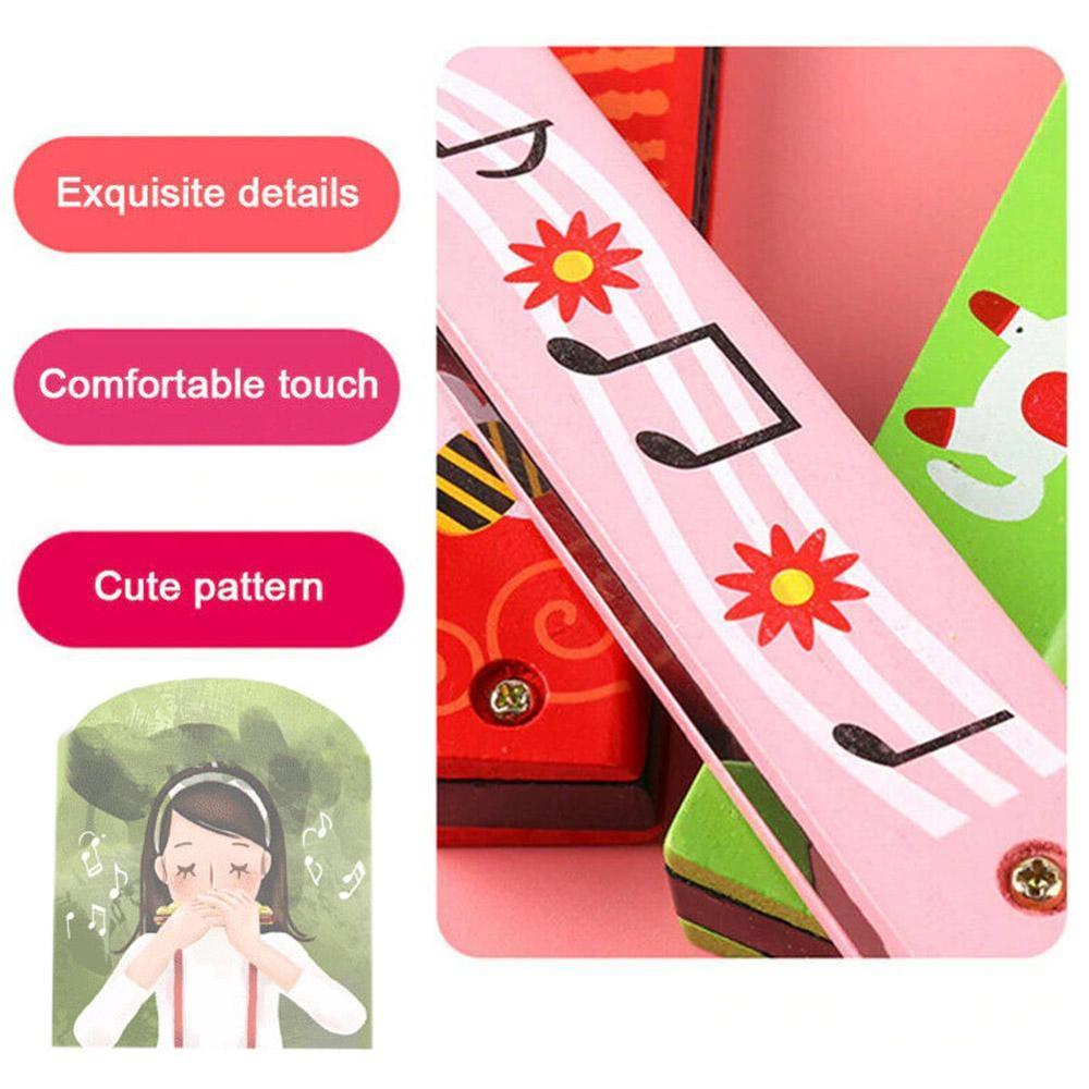 Armónica de madera pintada para niños, instrumento de doble hilera con 16 orificios, instrumento musical para la boca P1E5