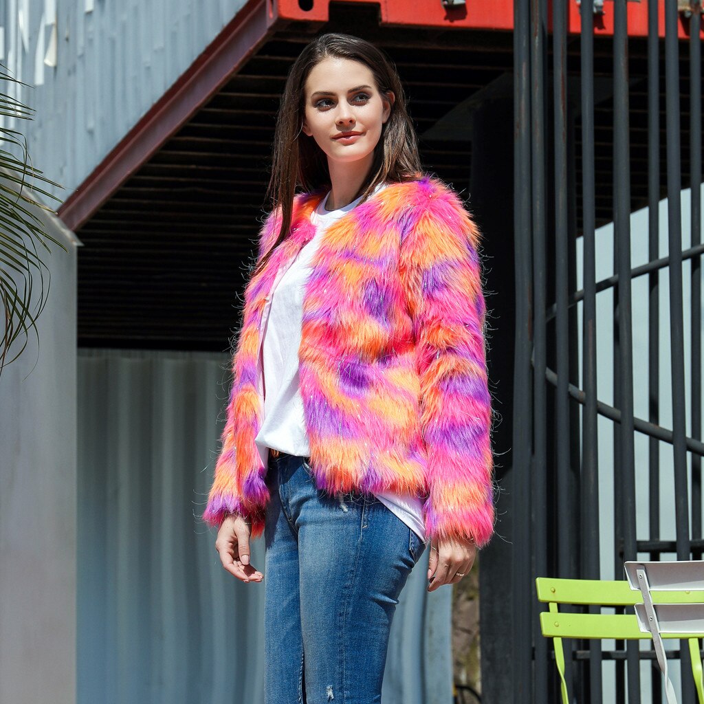 Women Furry Fur Coat Autumn Winter Female Jacket Boho Faux Fur Outerwear Cardigan Long-sleeved Loose Button Pocket Short Coat
