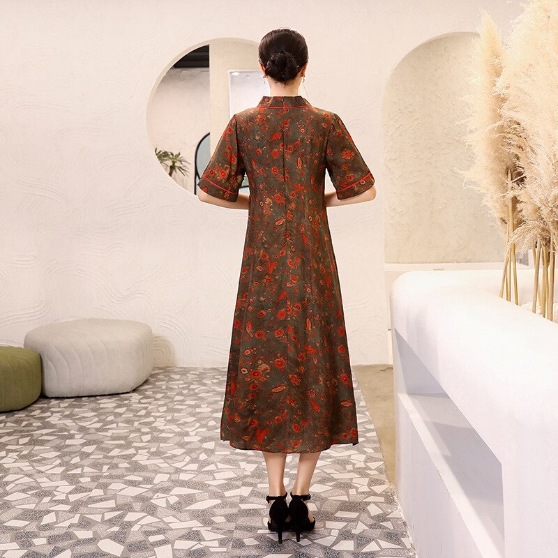 Vestido chino Cheongsam de mujer impresión moderna de manga corta Vestidos Midi señoras Ropa de talla grande 4XL Vestidos Chinos