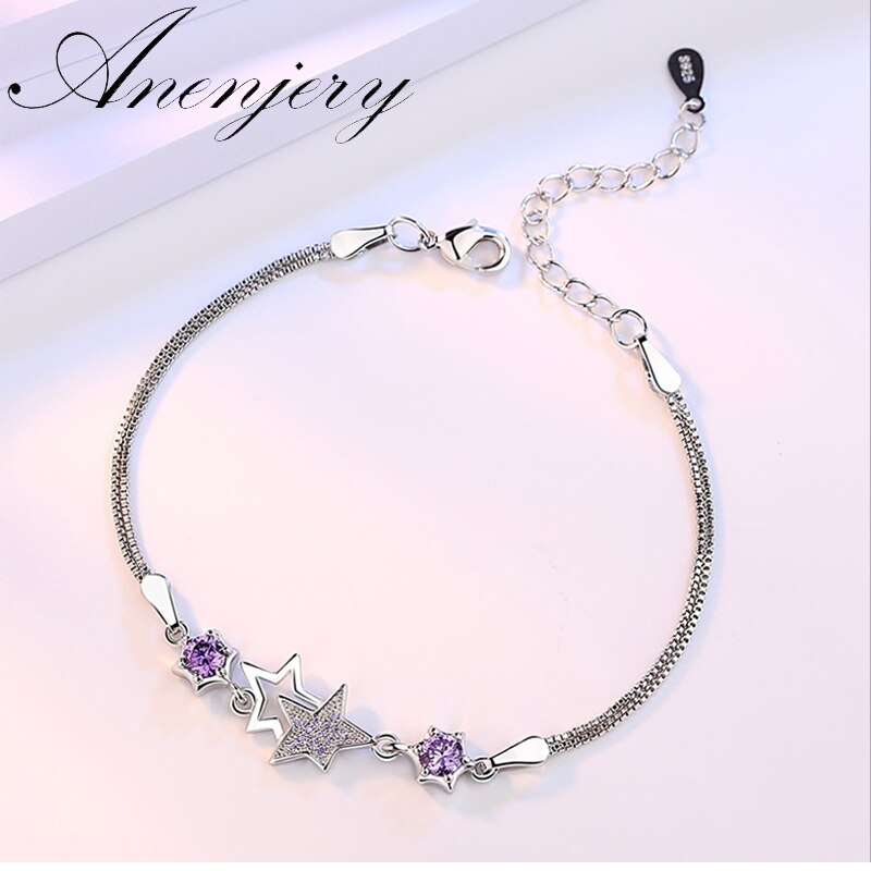 Anenjery Zilver Kleur Armbanden & Bangles Zirkoon Crystal Star Perzik Bloesem Bloem Pulseira Feminina S-B30: purplr zircon