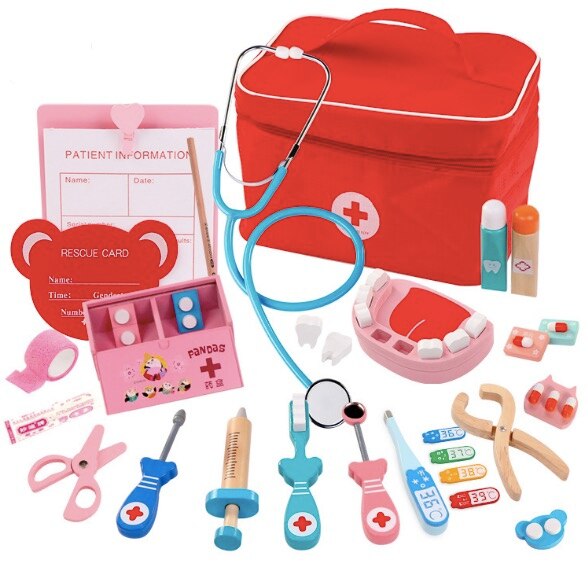 Pretend doctor nurse play toy wooden role play set Durable Nurse Injection Tool Wooden Simulation Medicine Box Study Case: B