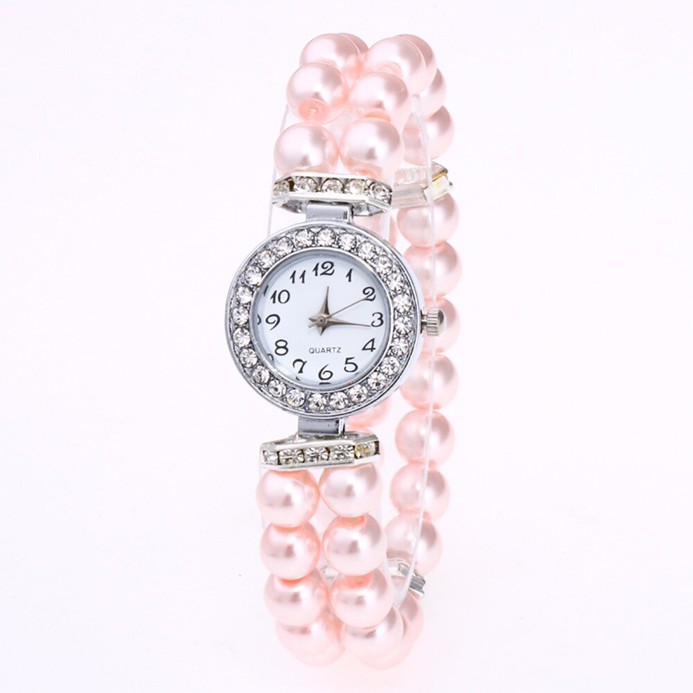 Dameshorloge met imitatieparelband, strass, kleine wijzerplaat, armbandhorloge, quartz polshorloge, relogio feminino klok: Roze