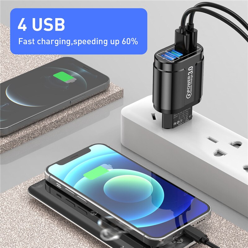 USLION 3A Schnelle Ladegerät Für iPhone 12 11 4 Port 48W Wand USB Ladegerät EU/UNS Stecker Adapter für Samsung huawei Handy Ladegerät