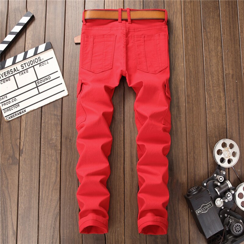 Europæisk amerikansk stil luksus herre røde jeans lommer slanke afslappede lommer denim jeans bukser til mænd