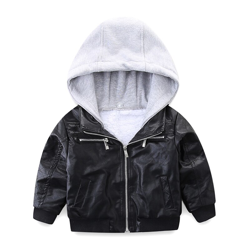 Mudkingdom Jongens Hooded Jassen Pu Lederen Winter Warm Lange Mouwen Fleece Jas Dikker Jongens Patchwork Bovenkleding Voor Peuter Tops: Black / 6T