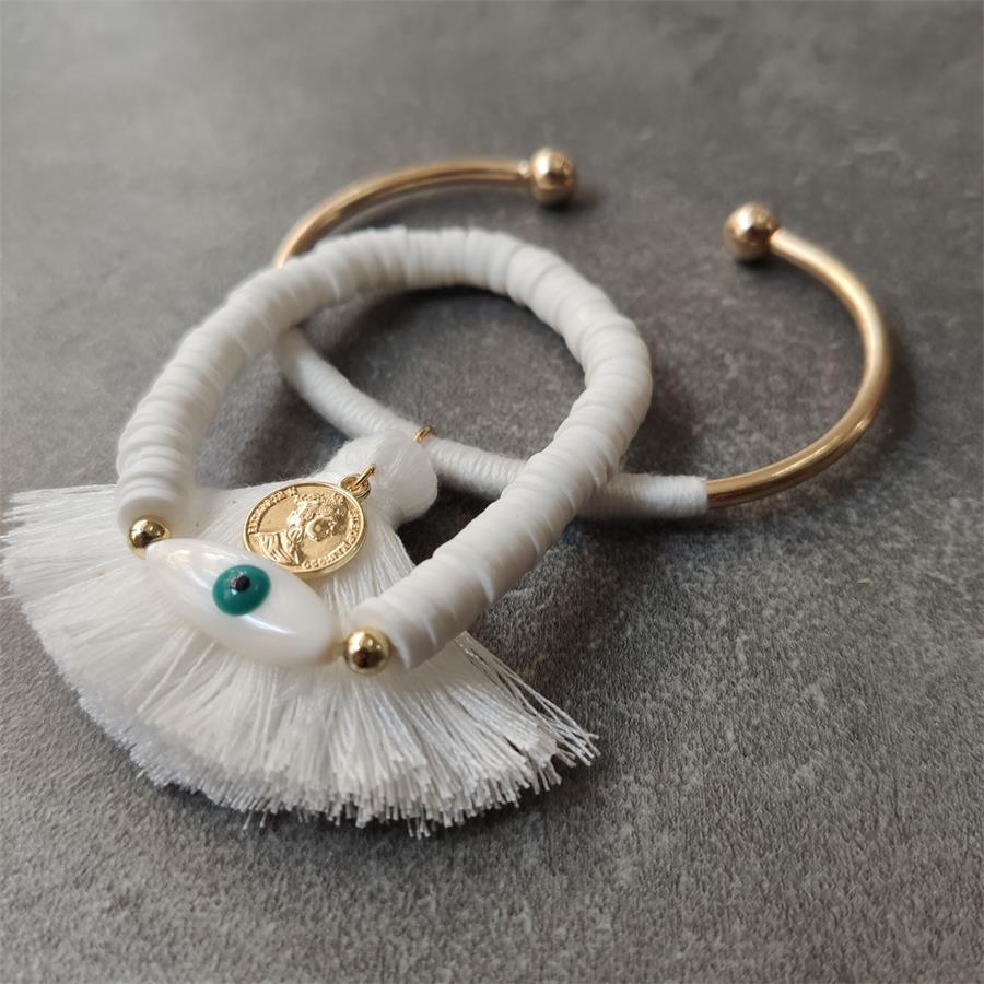 Boho Lucky Evil Eye Armbanden Voor Vrouwen Witte Kleur Handgemaakt Rubber Touw Gouden Armband Sieraden Kwast Armband Vrouw
