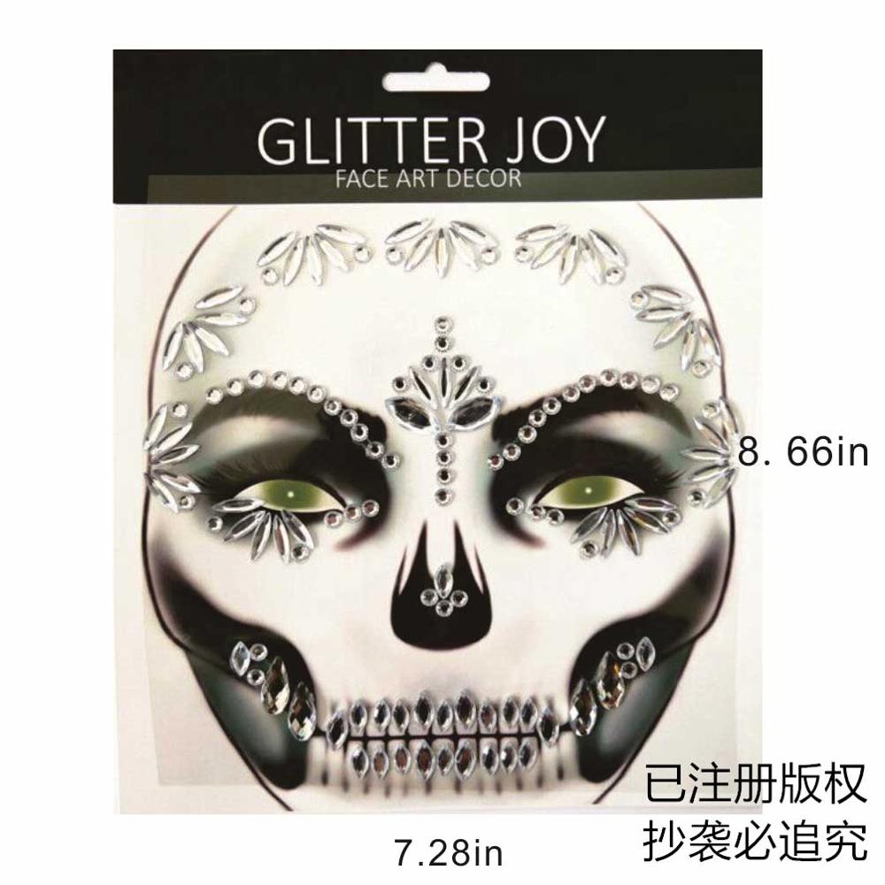 HFG19 Clear Festival Skull Bone Face Jewel Rhinestone Sticker for Carnival Night Clubbing Makeup Body Art