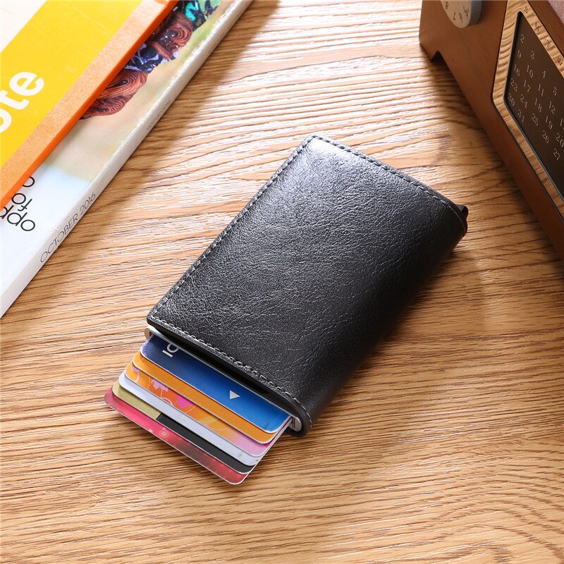 BISI GORO Men Vintage Blocking Rfid Wallet PU Leather Antitheft Credit Card Holder Unisex Security Information Aluminum Purse