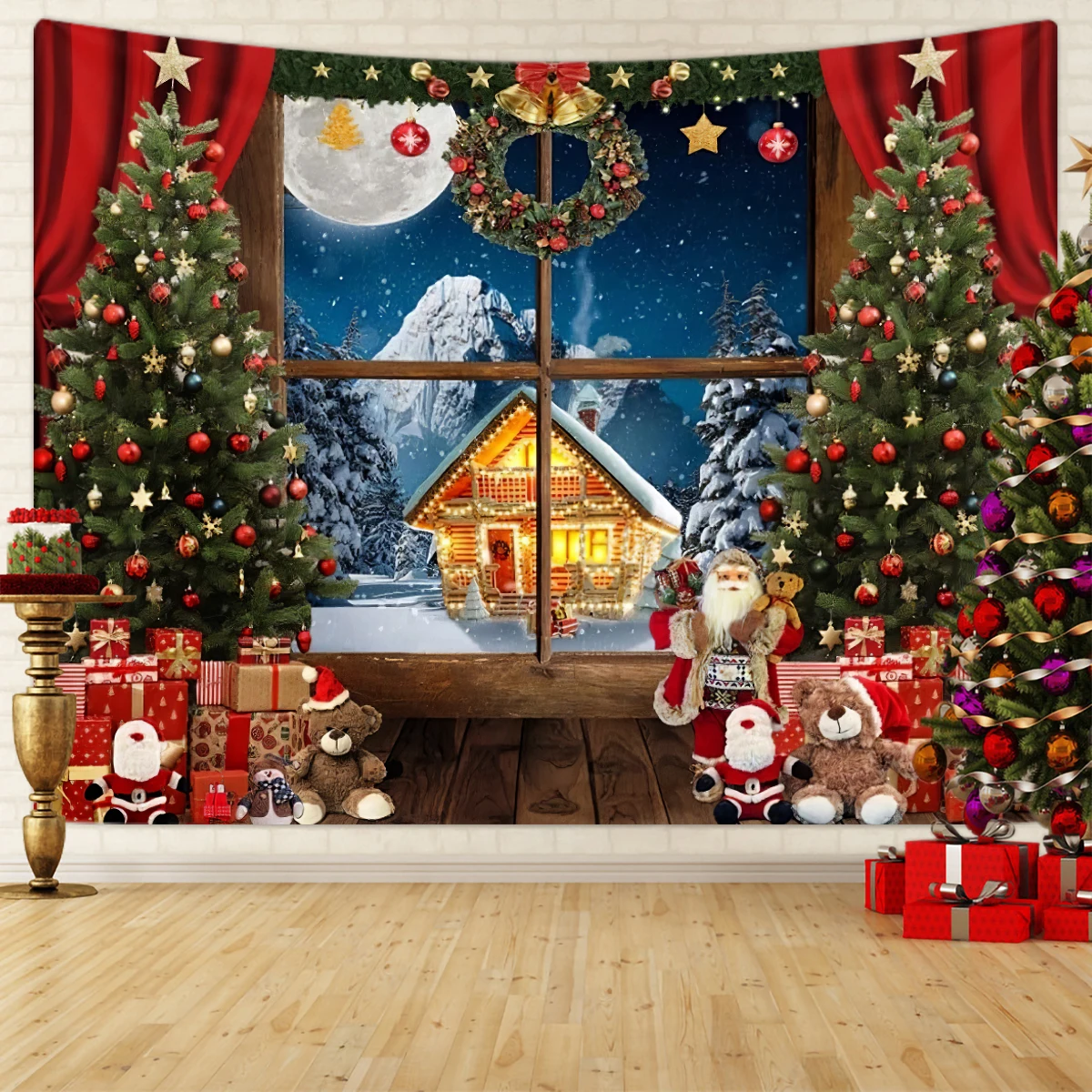 1 tapiz de Navidad árbol paisaje nevado ventana tapiz evento fotografía fondo tela dormitorio sala de estar 180X320CM: 1.400 mm x 2.000 mm / Negro