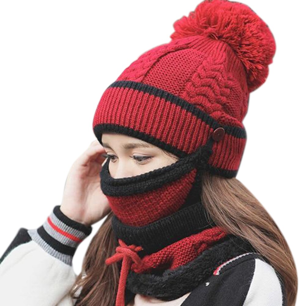 3 pièces femmes hiver écharpe ensemble épais tricoté chapeau écharpe couverture de visage en plein air WHShopping: Red
