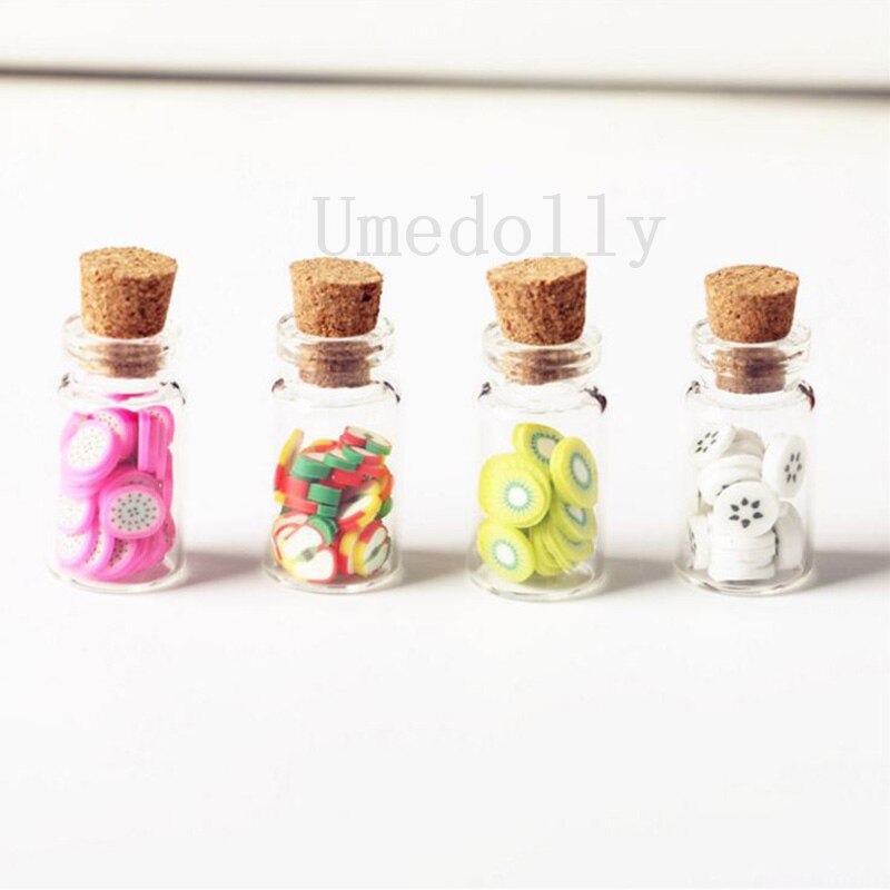 2PCS Cute Mini Wooden Stopper and Fruit Slice Glass Bottle 1/12 Dollhouse Minaiture Play Kitchen Food for Doll Toy