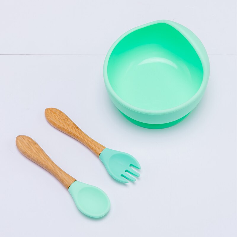 Baby Silicone Bowl Fork Spoon Straw Cup Set Silicone Bowl &amp; Spoon Learning Dishes Tableware Suction Bowl BPA Free Baby Product: 3PCS mint