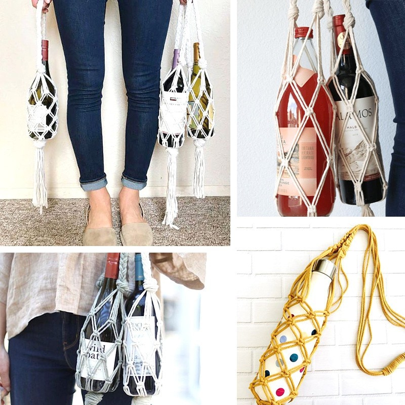 Bolsa tejida de cuerda para botella de vino, bolso de bolsillo de Red tejido hecho a mano, macramé, de algodón, soporte para botella de vino tinto, cesta colgante