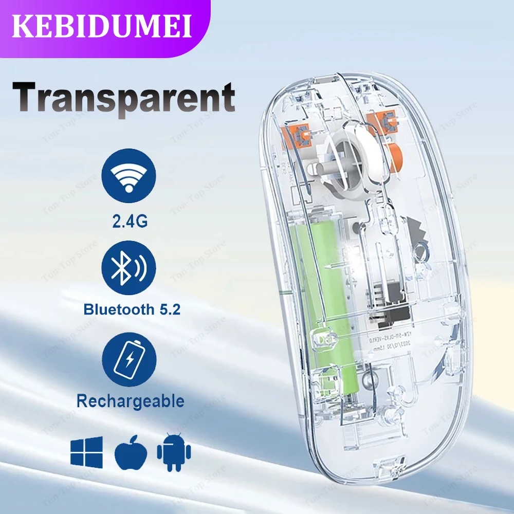 Dual Bluetooth 5.0 Mouse 2.4G Wireless Mouse Tri-Mode Transparent Mouse 2400DPI Silent Mouse 500mAh Rechargeable Mice for Laptop: WHITE