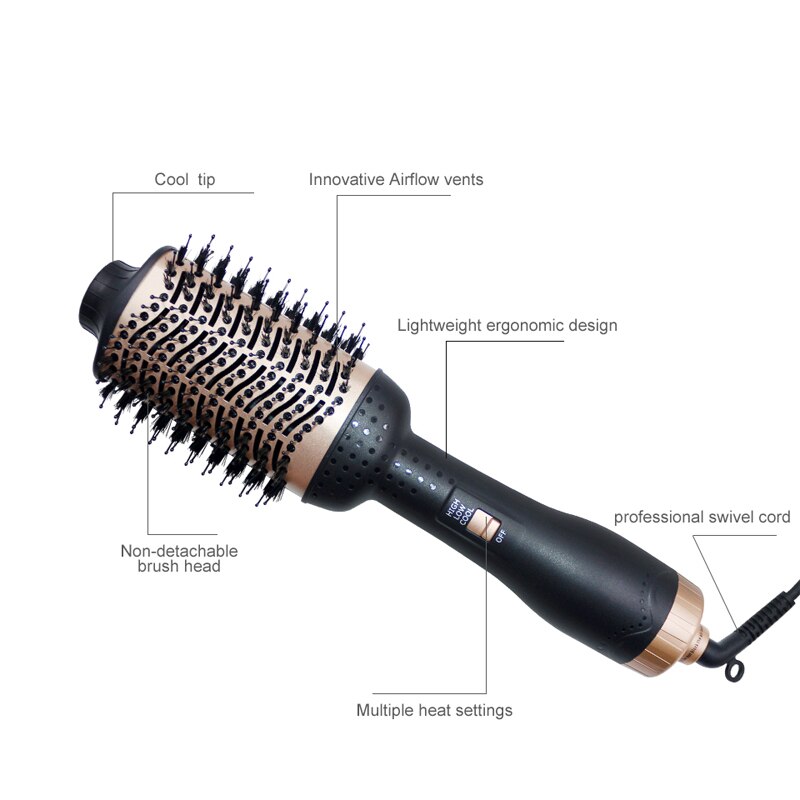 2 em 1 ouro ar quente escova de ar fresco pente modelador cabelo secador 360 rotação multifunções straightner cabelo curling ferro