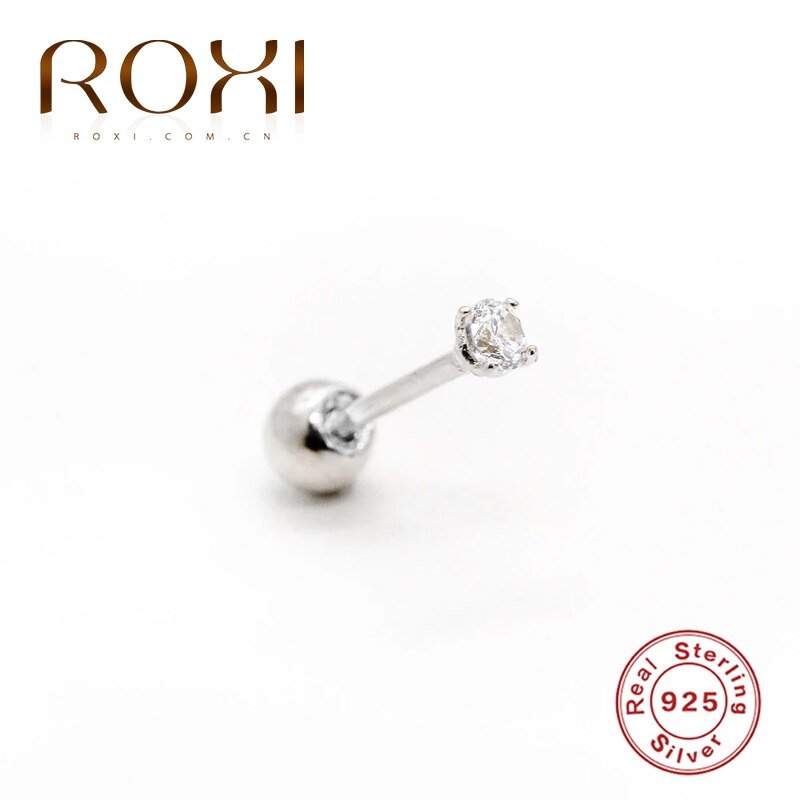 ROXI Minimalismus Einzigen Zirkon Kristall Gewinde Kleine Stud Ohrringe für Frauen Mädchen Dünne Feine Schmuck 925 Sterling Silber Ohrringe: silver