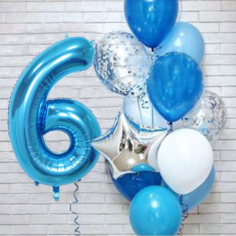 PartyLab 12Pcs/set Number Foil Latex Blue Balloons for Kids Birthday Decoration 1st One Year Birthday Boy Decor Baby Balloon: Number6 set