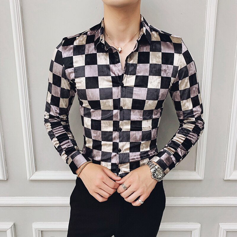 Plaid camisa hombre slim fit mænd street wear retro herre casual skjorter bomuld business kontor skjorte ternet fløjls skjorter: Koreansk l