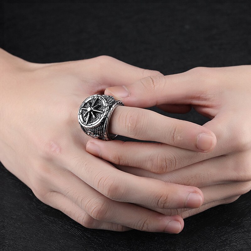 Anillo de acero inoxidable con brújula vikinga para hombre, joya con ancla, Estilo Vintage, Punk, para motorista