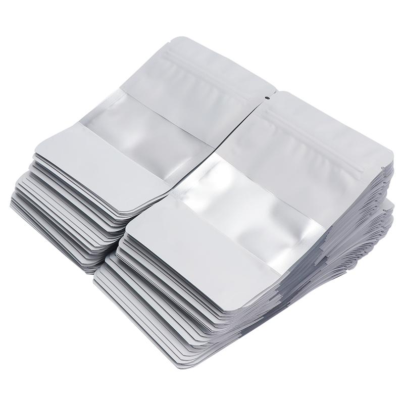 100pcs Aluminized Reclosable Zip Bags with Clear Window Standing Bulk Food Storage Pouch Packaging Bag (White)