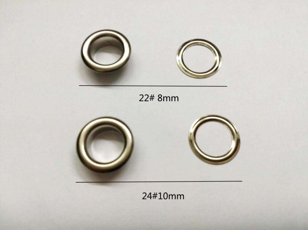 200 sæt / parti 8mm/10mm metal messing øjenlåg med skive runde metal gennemløb forniklet farve 2015062903