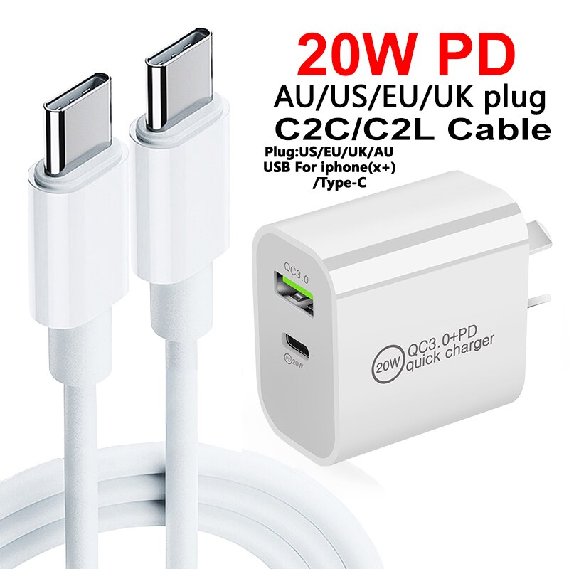 Qc3.0/pd carregador rápido 20w porta dupla carregador para au/ue/reino unido/eua plug rápido usb/tipo-c carregador do telefone móvel para o cabo do iphone c2c/c2l