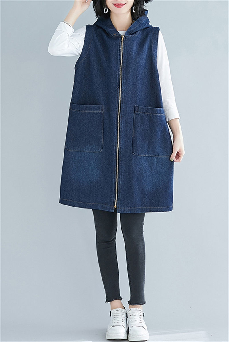 Chaleco vaquero largo sin mangas para mujer, chaqueta vaquera con capucha, Tops de talla grande coreana, r126, Otoño,