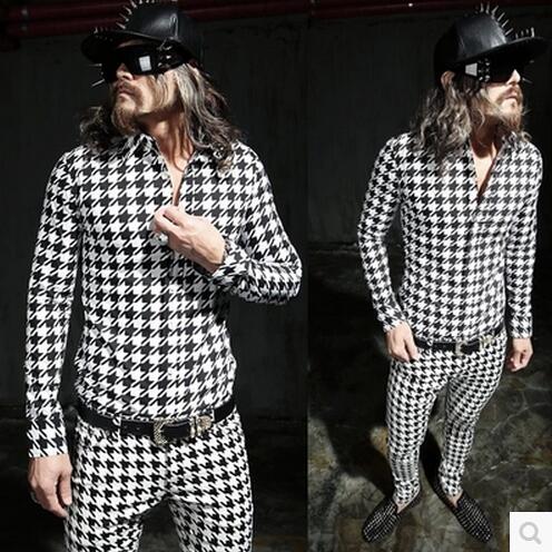 M-xxl! heren gd dj lente heren overhemd wit pied-de-poule slank overhemd met lange mouwen slank podium zanger kostuums kleding: Witte pied-de-poule / M